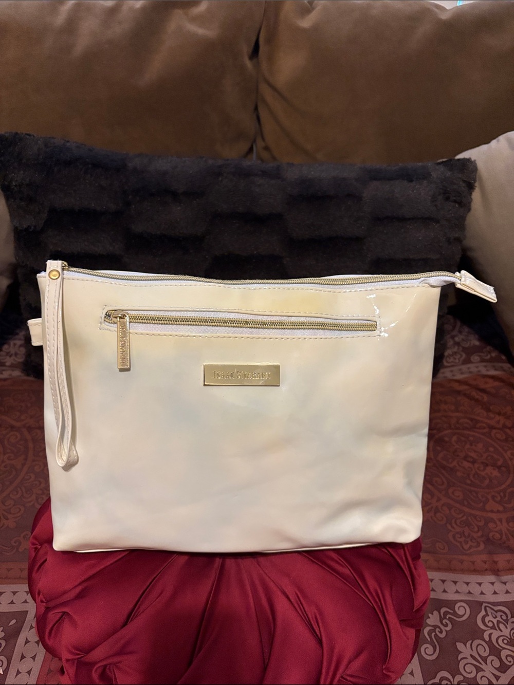 Isaac Mizrahi Cream Patent Wristlet Clutch with Gold Accents